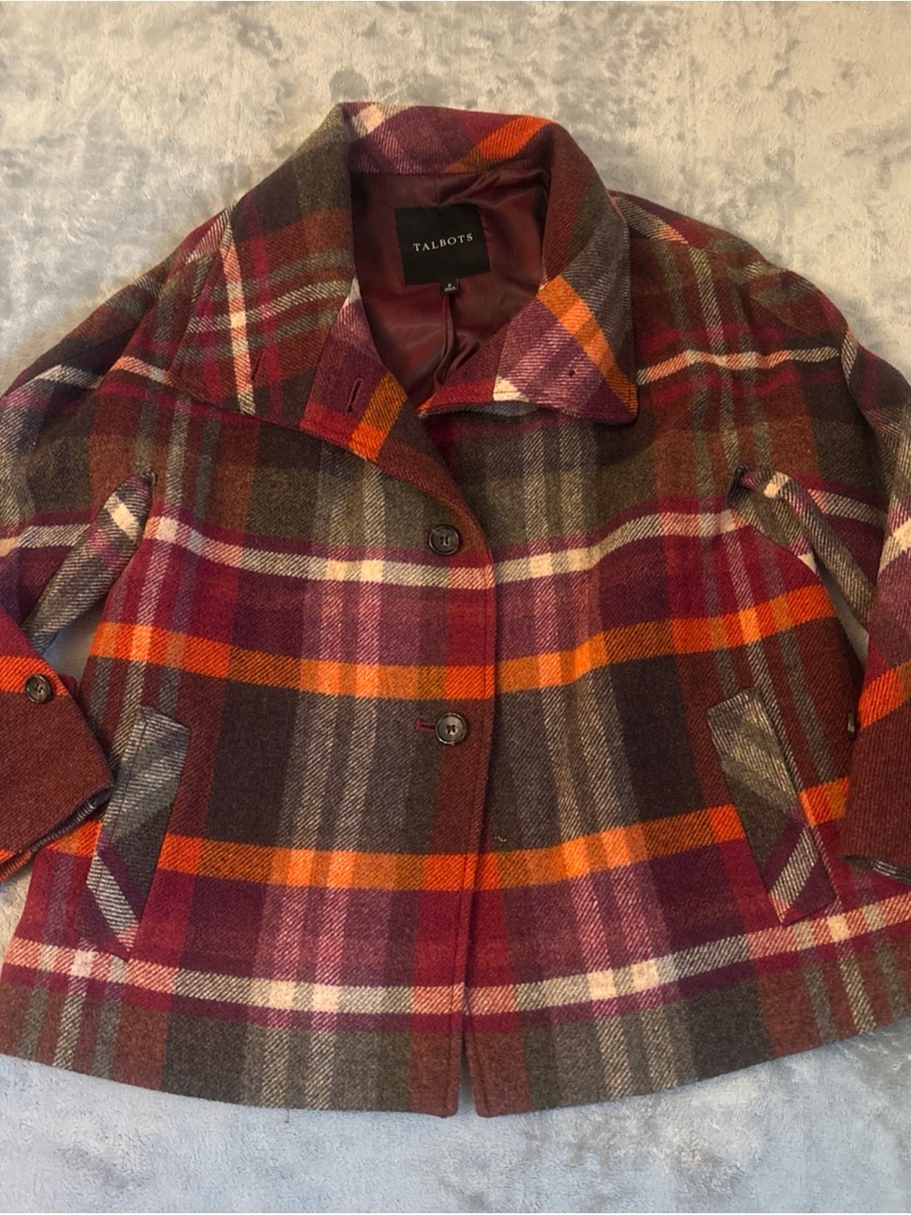 Talbots Plaid Jacket Wool Blend Peacoat Fall Colors Size 8